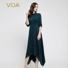 VOA墨绿色知性气质丝绸燕尾时尚长袖连衣裙真丝长款女裙A7092图片