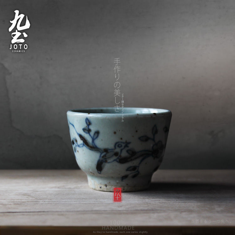九土 手工绘仿古品茗杯 青花茶具 景德镇仿古明代 陶瓷杯喜鹊茶杯