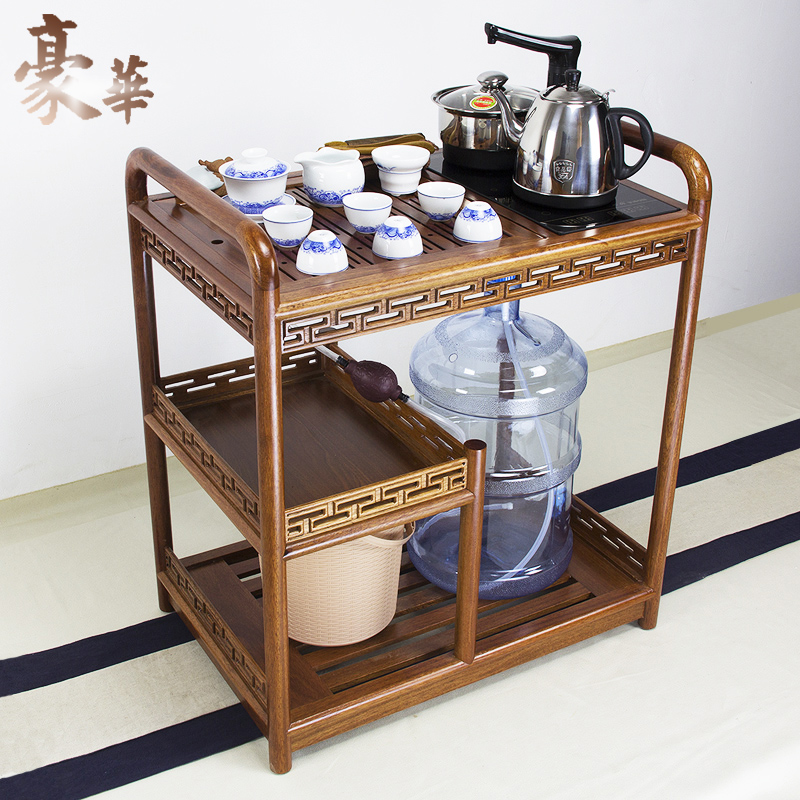 花梨木茶车移动带轮 功夫茶具茶盘实木排水鸡翅茶桌泡茶台套装