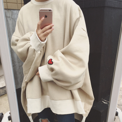 原宿风纯色大码灯笼袖上衣bf中长款套头加绒卫