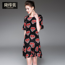 隆缘裳春装2017新款女时尚印花修身显瘦短袖荷叶边真丝连衣裙2865图片