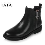 他她2017冬牛皮时尚 桃花扣镂花方跟女皮靴2YWI6DD7 Tata