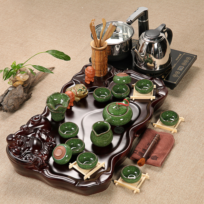整套茶具 佛仿实木茶盘套装电磁炉套装 冰裂功夫茶具套装四合一