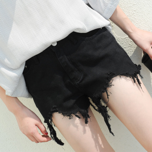 腰破洞黑色牛仔短裤