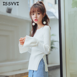 圆领纯色开叉喇叭袖打底衫