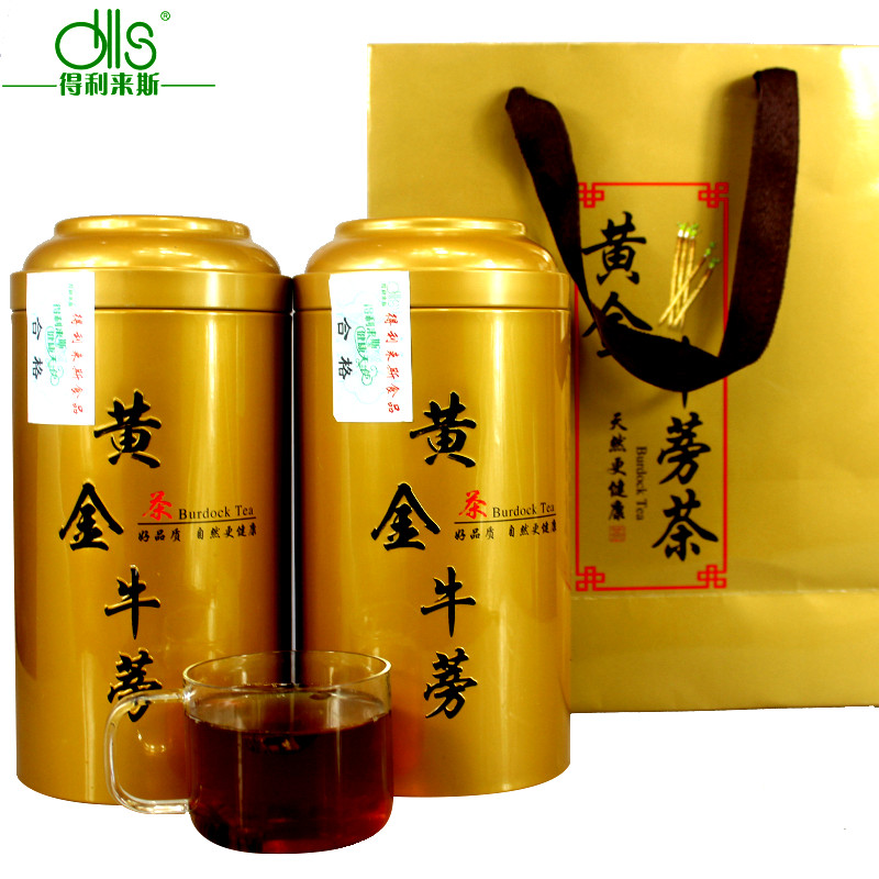 【买5送1】得利来斯正品黄金牛蒡茶新鲜牛膀茶铁罐装圆片茶/250克