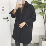 潮流秋冬纯色素版中长款毛呢外套韩版落肩袖宽松无扣翻领毛呢风衣