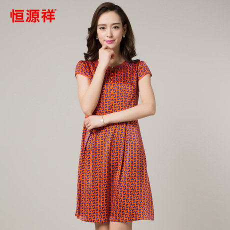 恒源祥中长款真丝连衣裙夏季新款圆领女装大码显瘦印花淑女长裙商品大图
