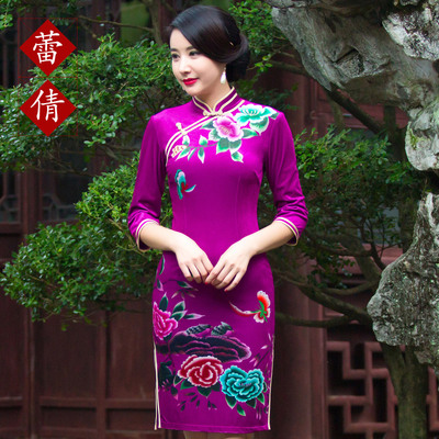 旗袍冬款2016新款金丝绒旗袍长款长袖秋冬女