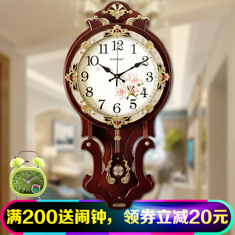 电子静音钟表欧式挂钟客厅复古实木质石英钟现代简约