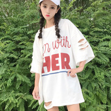 短袖T恤女夏装新款韩版大码中长款破洞宽松原宿BF风学生上衣服潮