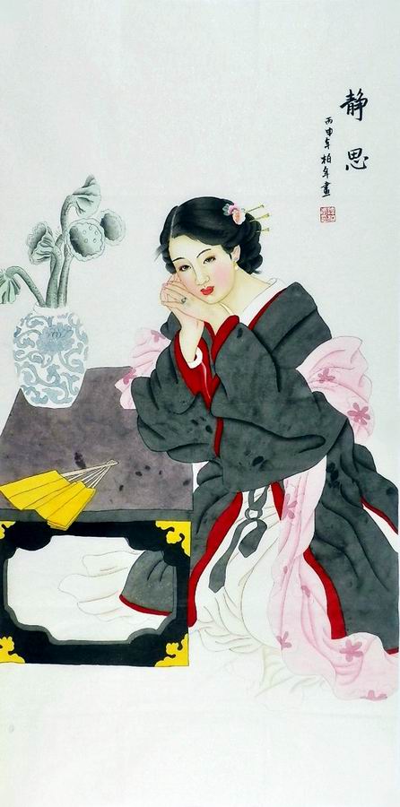平民画院纯手绘装饰画yf080112许柏年四尺工笔人物画静思136 68cm