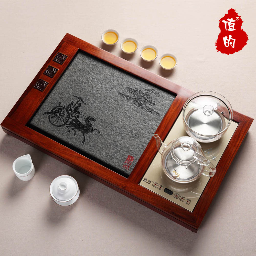 花梨木实木四合一茶盘 乌金石茶海带煮水壶茶台 整套功夫茶具套装