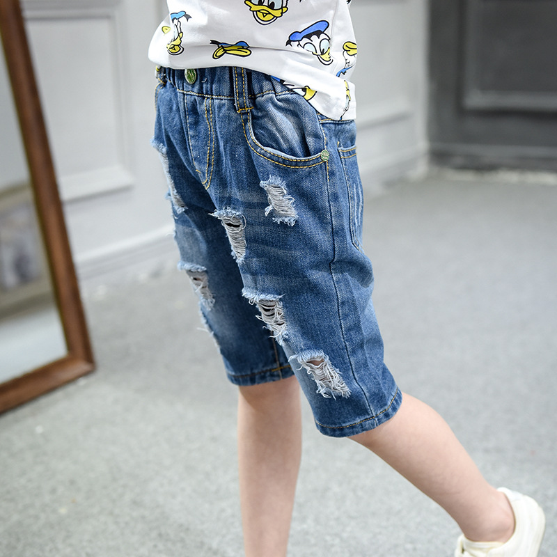 男童女童破洞乞丐裤 五分牛仔短裤中性深色纯