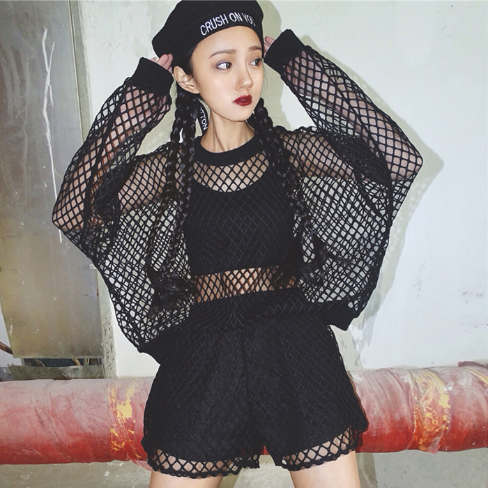 韩版运动休闲套装夏装女装时尚网格罩衫透视上