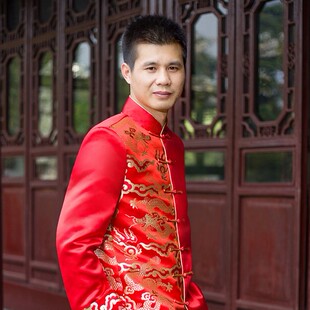 古装唐装中式传统结婚礼服,男装民国清朝新郎秀禾服 金龙 大红色