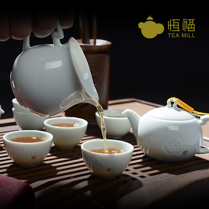 恒福越窑古意如意茶壶半组 龙泉青瓷功夫茶具套装 青瓷整套茶具