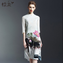 惊束真丝拼接桑蚕丝水墨画旗袍裙修身大码复古中袖立领印花连衣裙图片