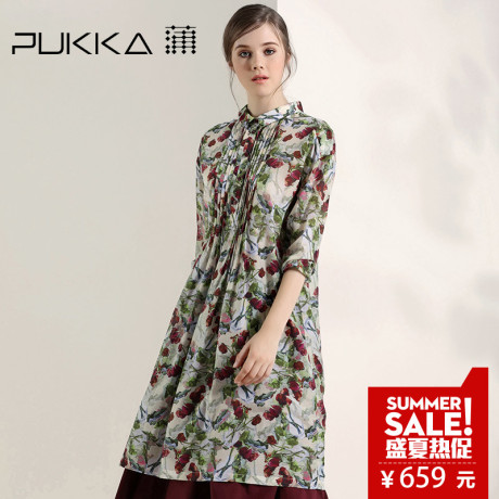Pukka/蒲牌春秋装新款原创设计棉麻女装桑蚕丝真丝棉印花连衣裙商品大图