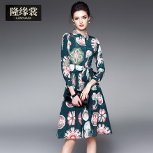 隆缘裳2017春装新款女通勤简约时尚九分袖印花收腰真丝连衣裙1973图片