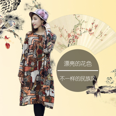 民族风连衣裙复古冬加厚棉麻长袖中长款服装女