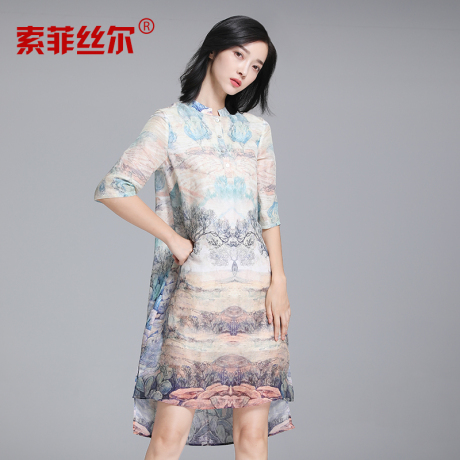 索菲丝尔民族风印花不规则下摆中长裙显瘦百搭真丝连衣裙商品大图