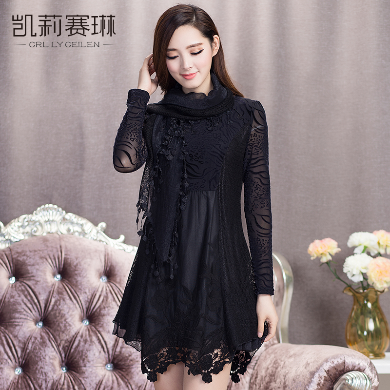 2016春装新款女士大码长袖钩花蕾丝连衣裙修