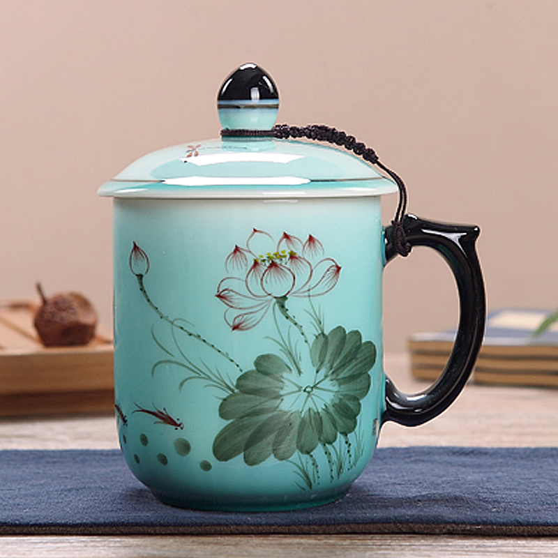 景德镇茶具手绘瓷茶杯 陶瓷办公室茶杯 带盖办公杯陶瓷杯骨瓷茶杯
