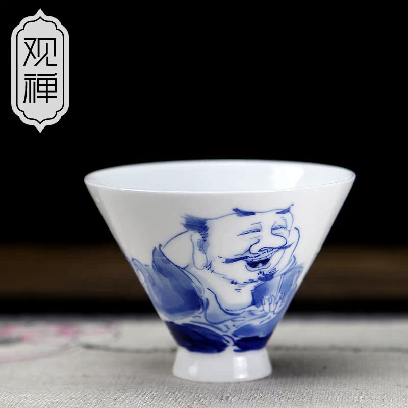 观禅 景德镇 青花瓷全手工品茗杯 手绘人物主人杯盏单杯 功夫茶具