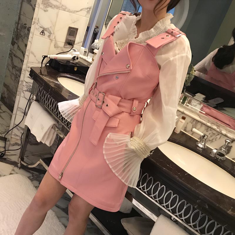 miss luxury2017真皮皮裙女 绵羊皮粉色背带裙显瘦 中长款a字裙