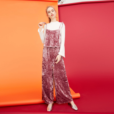 Vero Moda2017新款荷叶边天鹅绒吊带连体裤|317344510