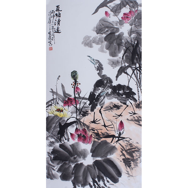 纯手绘国画荷花斗方水墨写意花鸟画餐厅玄关走廊小品樱桃画 装裱