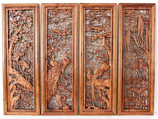 仿古家具 东阳木雕 家和万事兴横屏 屏风 镂空雕花 实木仿古家具148cm
