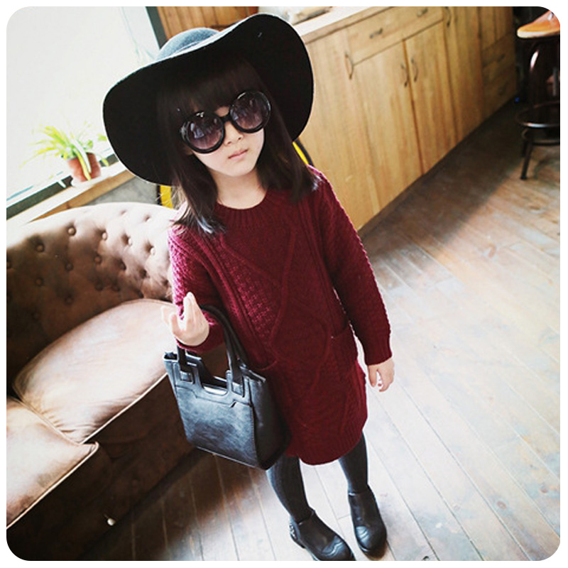 <em>开叉</em>圆领连衣裙<em>毛衣</em>口袋<em>儿童</em>童装女童下摆秋冬