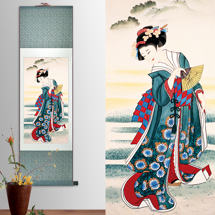丝绸卷轴画礼品画和服仕女图 日式装饰画料理店挂画浮世绘 人物画