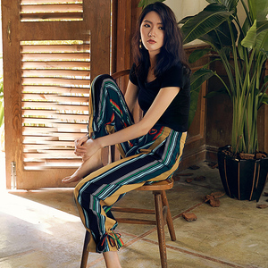 弥古2017新款女装夏印花度假沙滩裤条纹长裤显瘦休闲裤喇叭裤