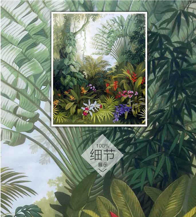 中世纪手绘热带雨林植物风景背景墙纸壁画定制东南亚风格壁纸墙布