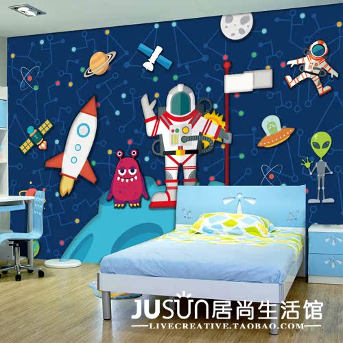 儿童房无缝大型壁纸 男孩卧室太空星球墙纸 幼儿园卡通壁画宇航员