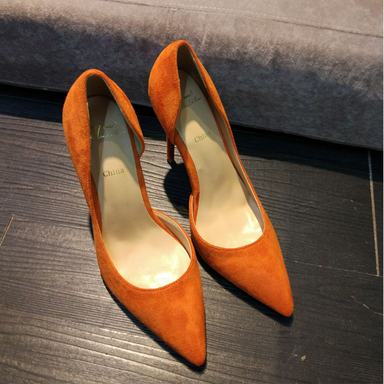 2017春季新款蓝色黑色绒面尖头高跟鞋细跟侧