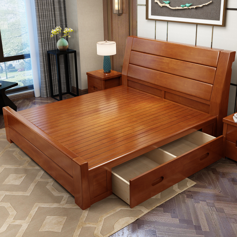 新中式实木床1.8m床现代简约经济型双人床组装1.5m床高箱储物主卧