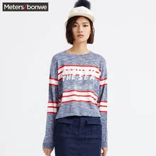228644 女色块字母套头毛衫 新款 美特斯邦威女套头毛衣2016春装