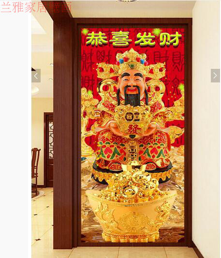 中式玄关黄金财神招财进宝财神爷背景壁纸壁画门廊过道墙纸装饰画