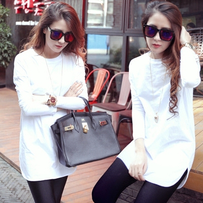 春秋冬季韩版宽松中长款打底衫加绒加厚白色长