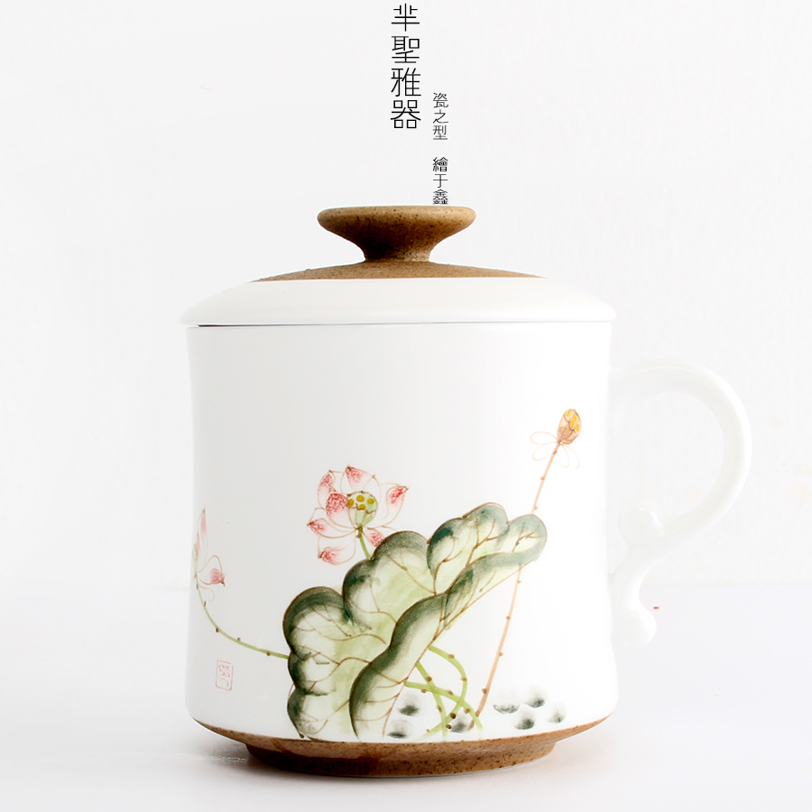 茶具景德镇手绘茶杯定窑陶泥个人杯带盖过滤办公泡茶水杯陶瓷套装