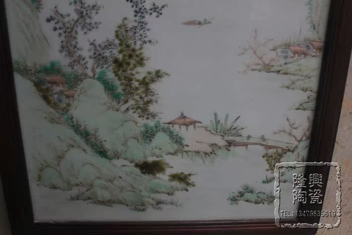 景德镇陶瓷瓷板画名家手绘仿古粉彩山水风景画装饰画实木框小瓷画