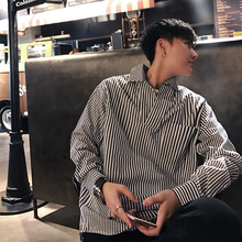 1CHEN /男士秋季韩版全棉宽松V领衬衣OVERSIZE条纹套头长袖衬衫男