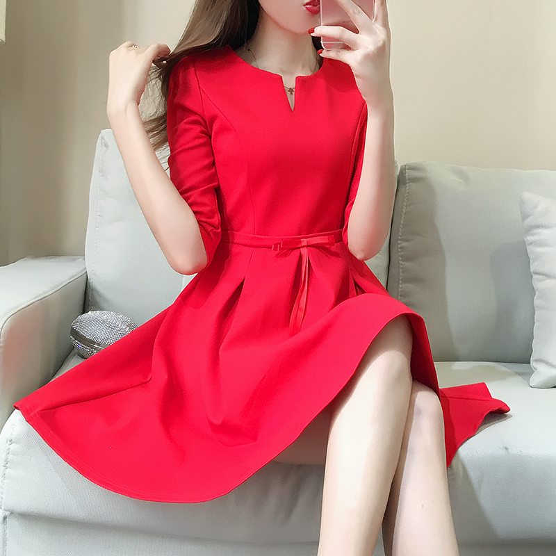 查看淘宝2017新款韩版女装时尚蝴蝶结红裙子结婚礼服显瘦大摆裙红色