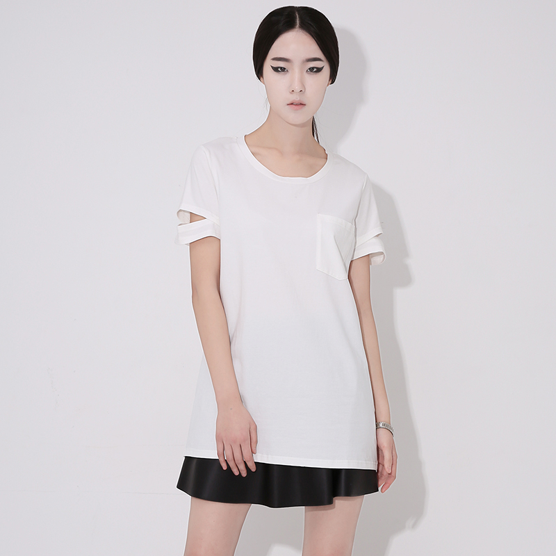 2017韩国夏装新款欧美范简约袖口破边中长款宽松大码短袖t恤女潮