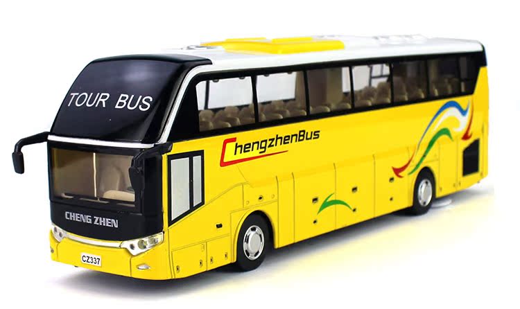 彩珀合金车模旅游大巴士长途大客车公交车合金汽车车模型回力玩具