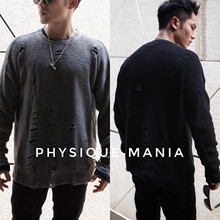 破洞休闲毛衣男外套潮 街头复古针织衫 MANIA 男长袖 男士 PHYSIQUE